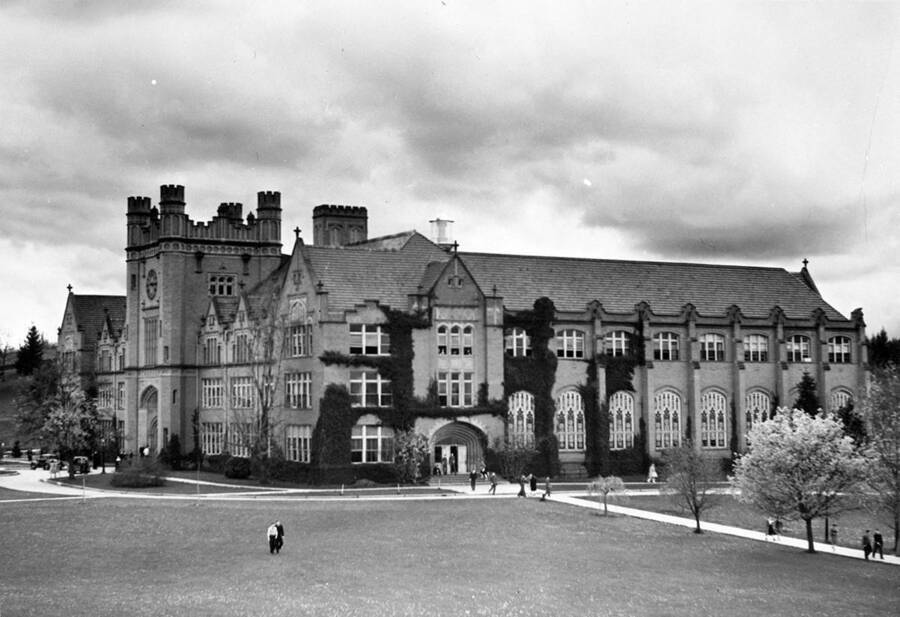 1940 photograph of Administration Building. View of the stain glass windows at the north entrance. [PG1_52-150]