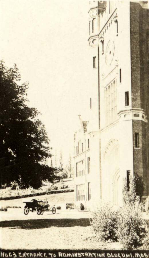 1918 photograph of Administration Building Caption reads 'No 63 Entrance to Administration Bldg, U of I, Mos' from Caroline Munson Ott scrapbook. Donor: U of I Alumni Office. [PG1_52-159]