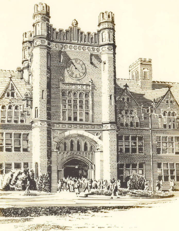 Photo reproduction of pen and ink sketch of Administration Building, University of Idaho. [52-167]
