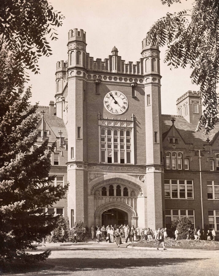 1938 photograph of Administration Building. View of clock tower. Donor: Barbara George. [PG1_52-169]