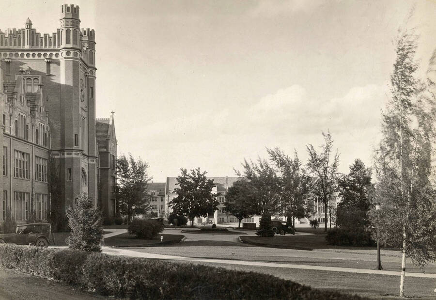1928 photograph of Administration Building with Science Hall in the background. Donor: Virginia R. Vanderhoff. [PG1_52-170]