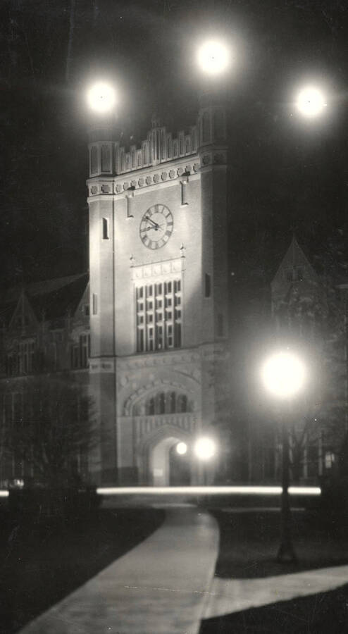 1929 photograph of Administration Building. View at night. [PG1_52-031]