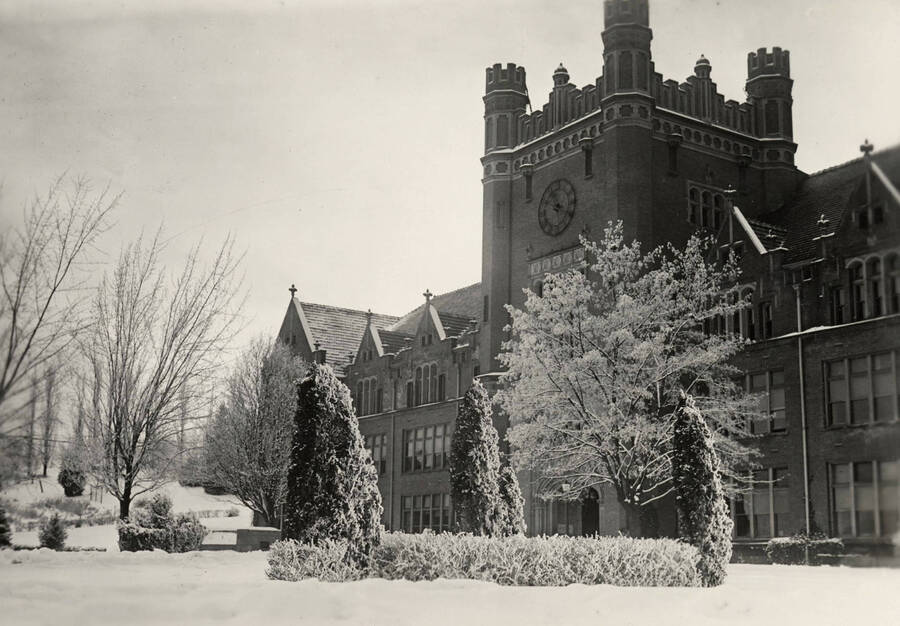 1930 photograph of Administration Building. View of winter scene. [PG1_52-033]