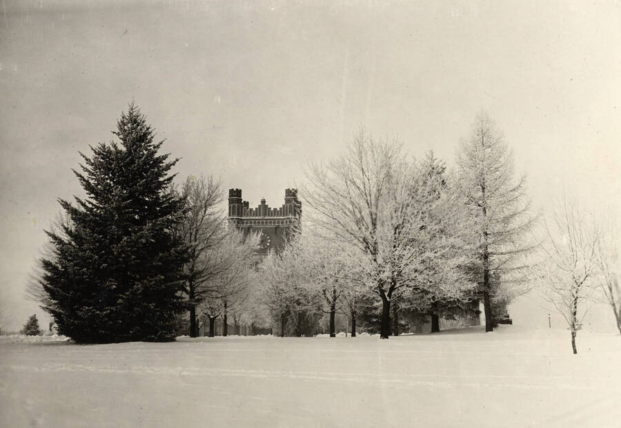 1930 photograph of Administration Building. View of winter scene. [PG1_52-037]