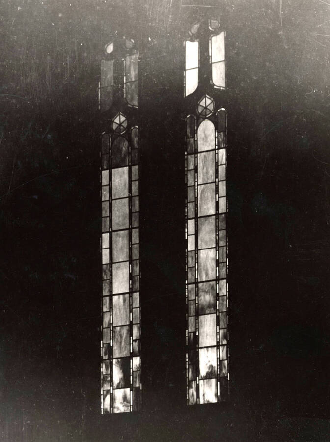 1960 photograph of Administration Building. Auditorium's stain glass windows. [PG1_52-056]