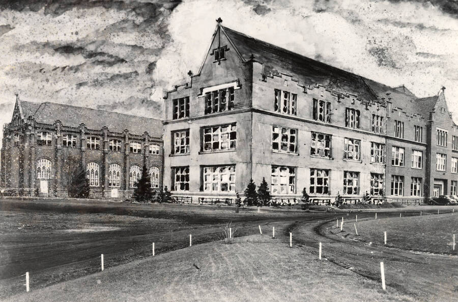1937 photograph of Administration Building. Architect's drawing of new wing. [PG1_52-057]