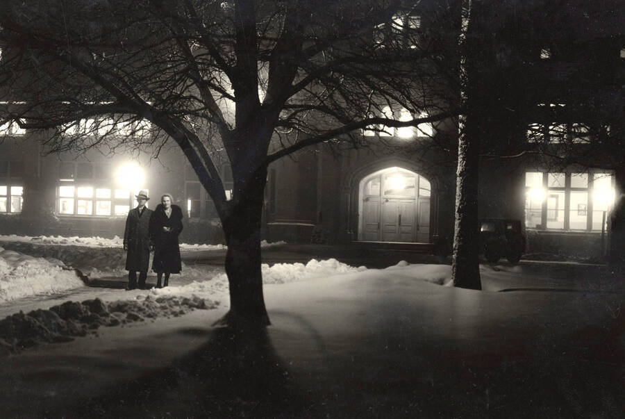 Administration Building, University of Idaho night scene in winter. [52-62]