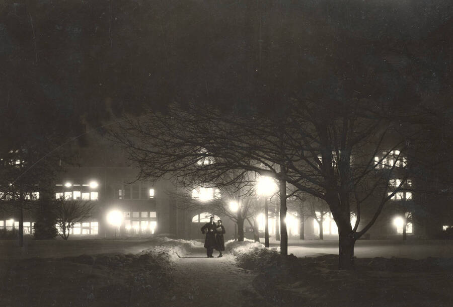 Administration Building, University of Idaho night scene in winter. [52-63]