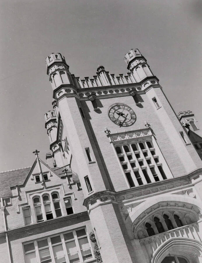 1950 photograph of Administration Building. View of the clock tower. Donor: Publications Dept. [PG1_52-093]