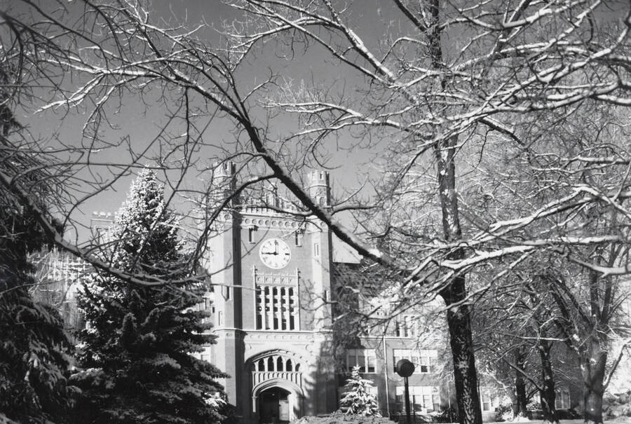 1944 photograph of Administration Building. View of the clock tower seen through the trees. [PG1_52-096]