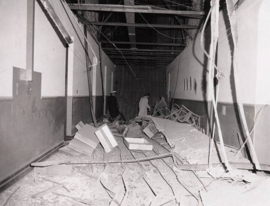 1969-04-01 photograph of Administration Building. View of third floor corridor after ceiling collapse. [PG1_52-098]