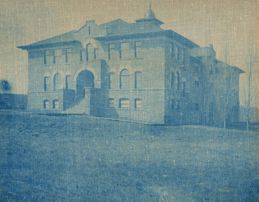 1908 photograph of Gymnasium. Photograph printed in blue ink on fabric. [PG1_54-08]