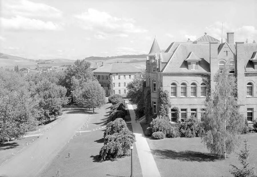 1936 photograph of Engineering Building and Ridenbaugh Hall. [PG1_56-10]