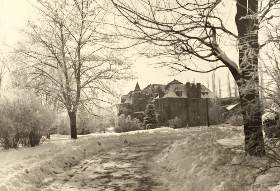 1929 photograph of Engineering Building. View from the Administration lawn in winter. [PG1_56-30]