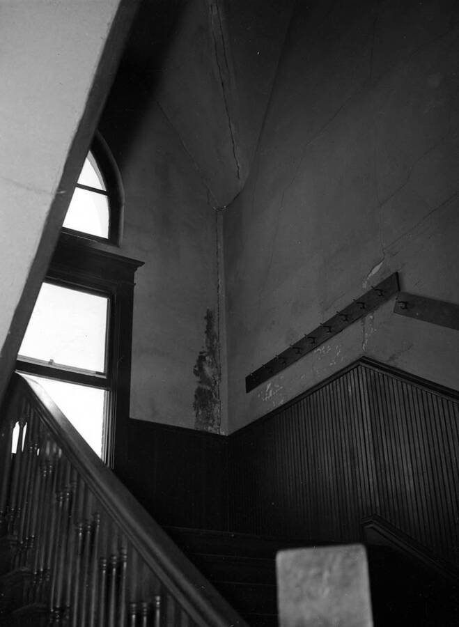1950 photograph of Engineering Building. View of interior wall damage. [PG1_56-42a]