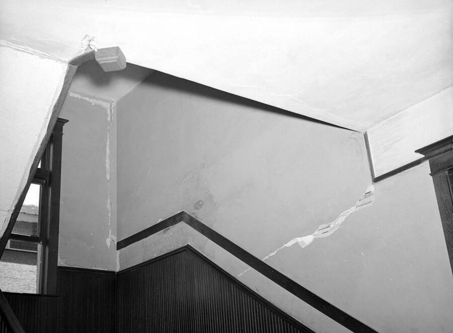 1950 photograph of Engineering Building. View of interior wall damage. [PG1_56-42b]
