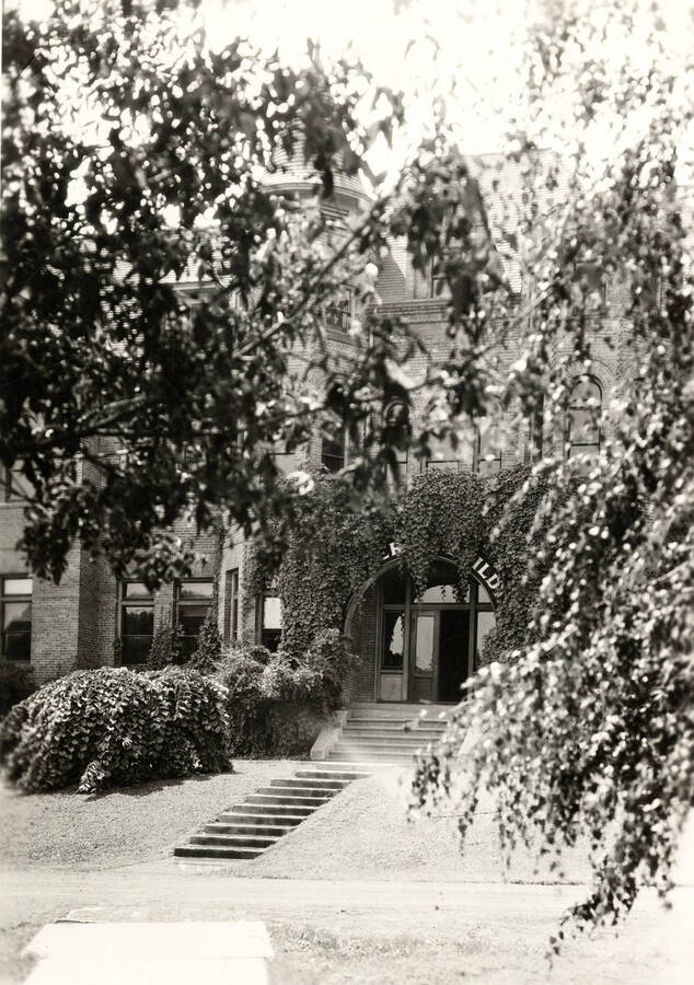 1935 photograph of Engineering Building. View from between the trees. [PG1_56-09]