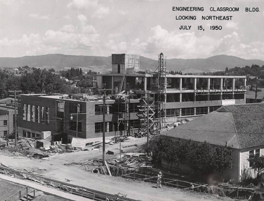 1950-07-15 photograph of Engineering Classroom Building. Looking northeast at the construction site. Donor: Publications Dept. [PG1_57-05]
