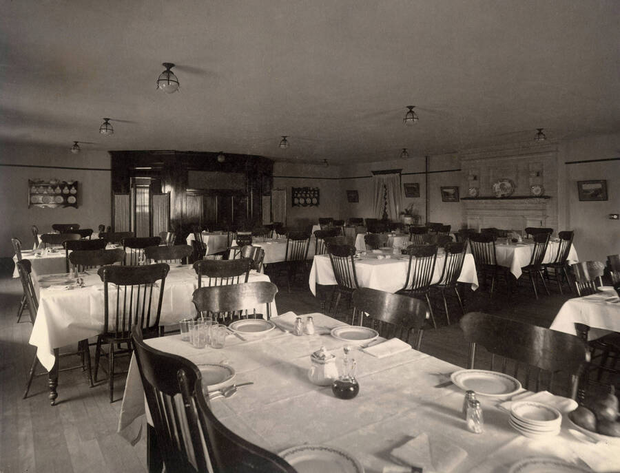 1908 photograph of Ridenbaugh Hall. View of the dining room. [PG1_58-13]
