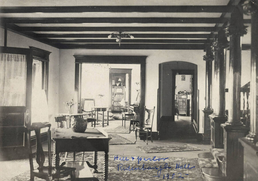 1902 photograph of Ridenbaugh Hall. View of the hall and parlor. [PG1_58-06]