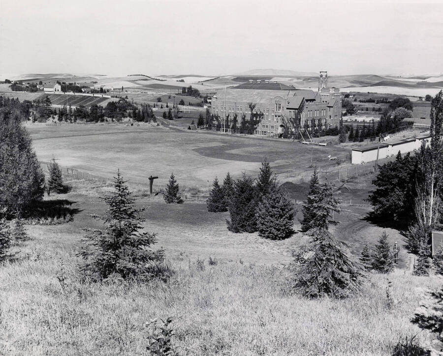 1946 photograph of University of Idaho campus scenery. View shows baseball diamond in back of Gym. [PG1_006-12]