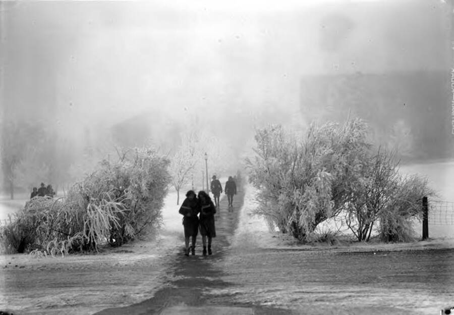 1929-01-01 photograph of University of Idaho campus scenery. Students showed walking to class in the winter. [PG1_006-18]