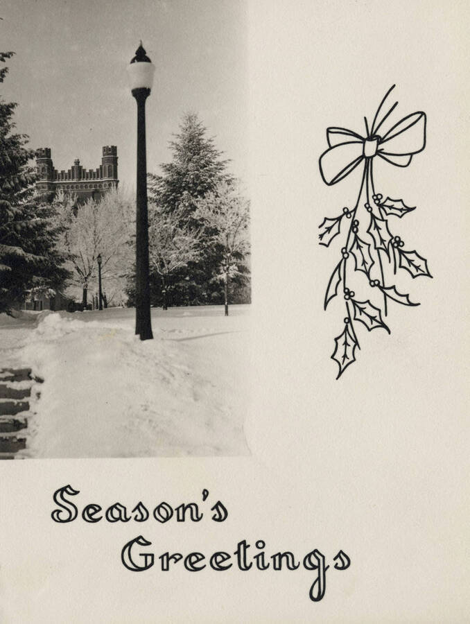 1933 photograph of University of Idaho campus scenery Photo holiday card. View of Administration lawn in the winter. [PG1_006-33]