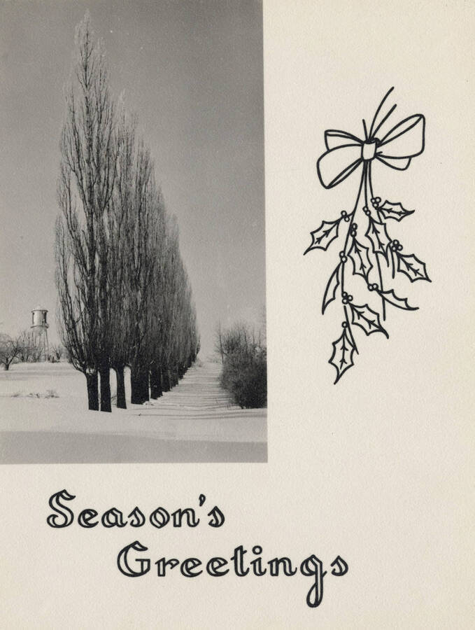 1932 photograph of University of Idaho campus scenery Photo holiday card. View of the old water tower.[PG1_006-34]