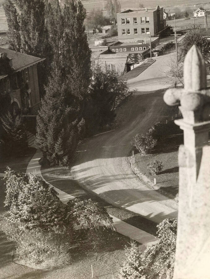 1940 photograph of University of Idaho campus scenery. View of campus from the Administration building. [PG1_006-49]