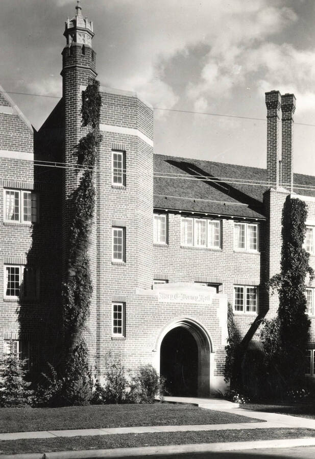 1930 photograph of Forney Hall. View of front entrance. [PG1_60-15]