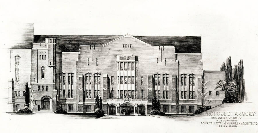 1950 photograph of Memorial Gymnasium. Architect's drawing of armory addition. [PG1_61-14]