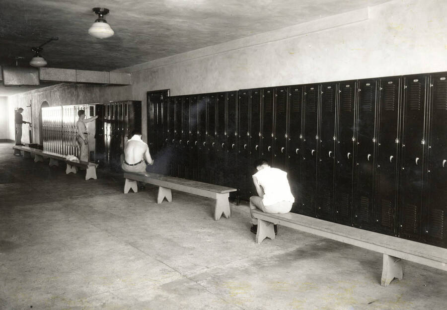 1930 photograph of Memorial Gymnasium. View of the locker room. [PG1_61-15]