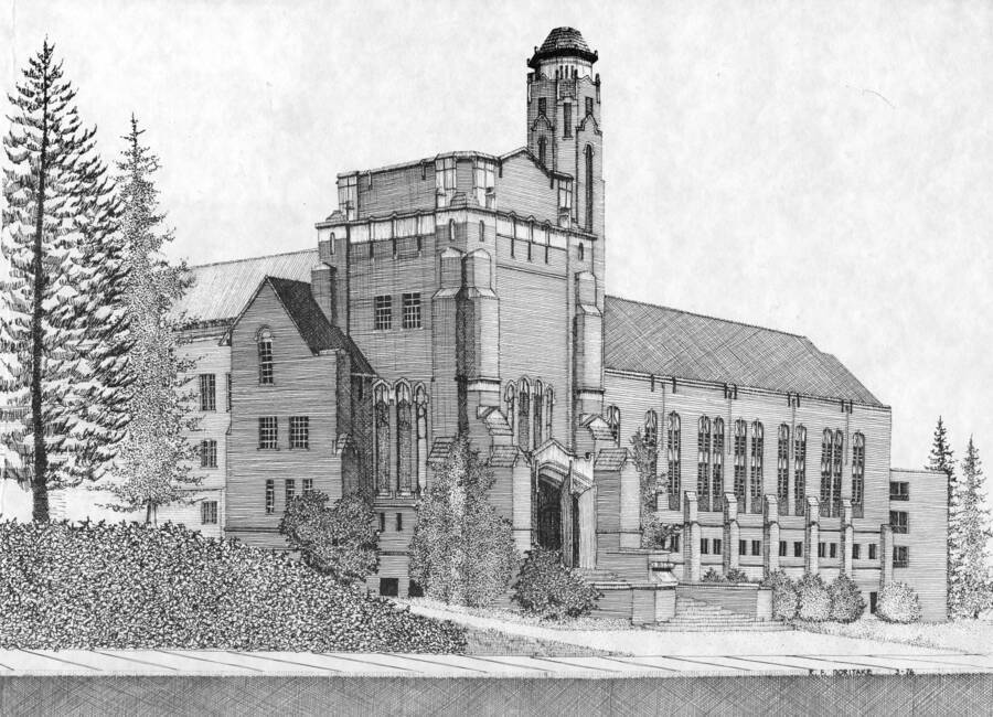 1976-03-01 photograph of Memorial Gymnasium. Ink sketch by R.F. Noritake. [PG1_61-16]
