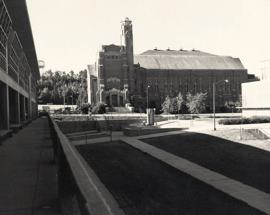 1970 photograph of Memorial Gymnasium. View from the University Classroom Center. [PG1_61-20]
