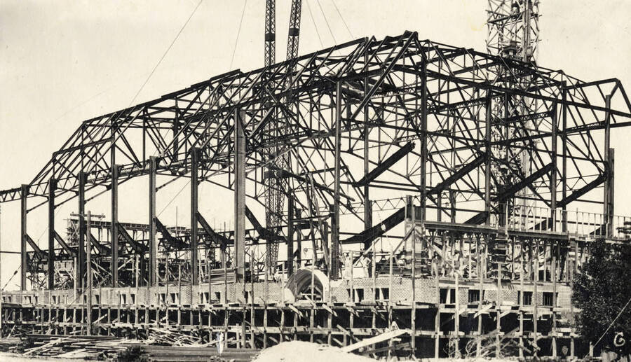 1928 photograph of Memorial Gymnasium. View of construction. [PG1_61-26d]