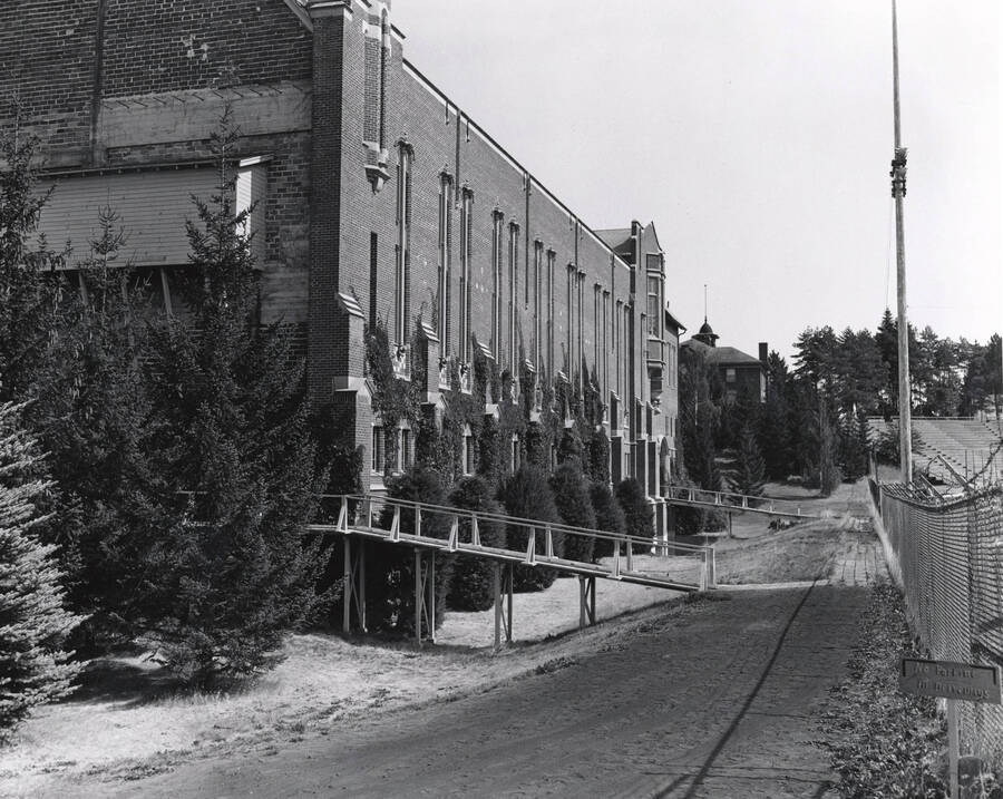 1928 photograph of Memorial Gymnasium. View of the south side. [PG1_61-30]