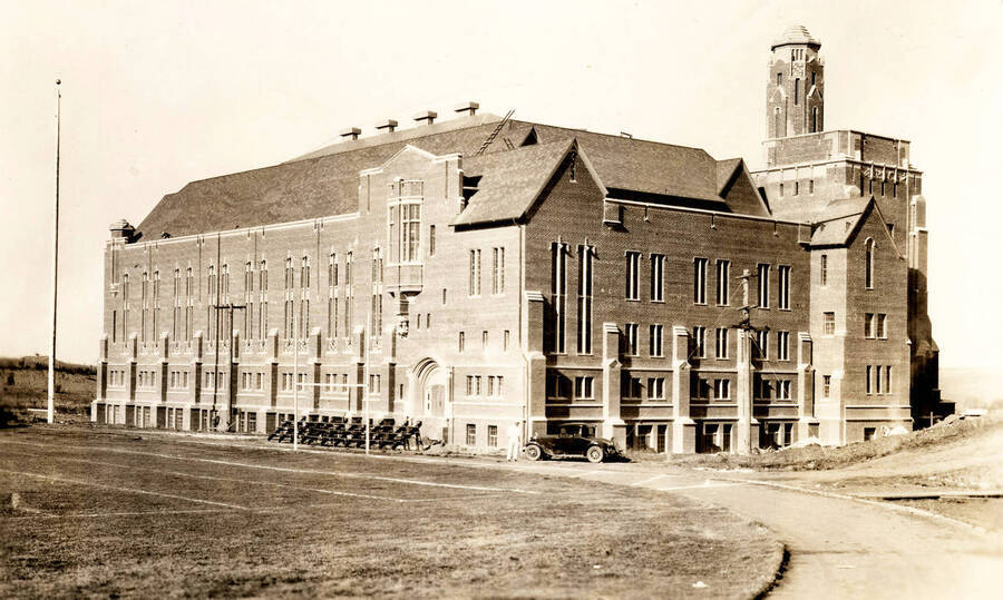 1928 photograph of Memorial Gymnasium. View of the southeast corner. [PG1_61-33]