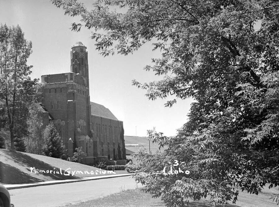 1940 photograph of Memorial Gymnasium. View framed by trees. [PG1_61-41]