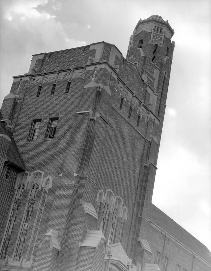 1940 photograph of Memorial Gymnasium. View of tower. [PG1_61-42]