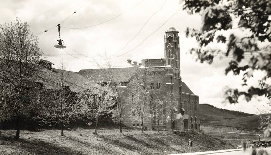 1930 photograph of Memorial Gymnasium. View of power transformers on the wires. Donor: Virginia R. Vanderhoff. [PG1_61-51]