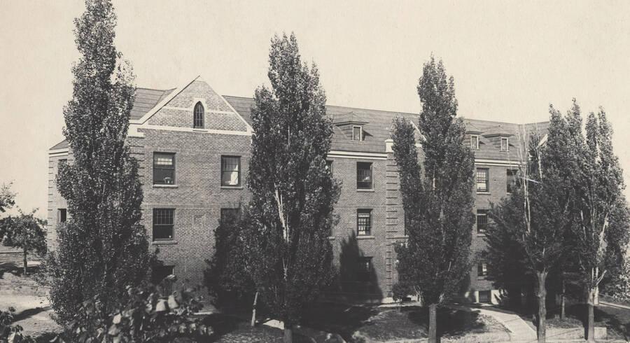 1936 photograph of Lindley Hall. View with the trees in front. [PG1_62-15]