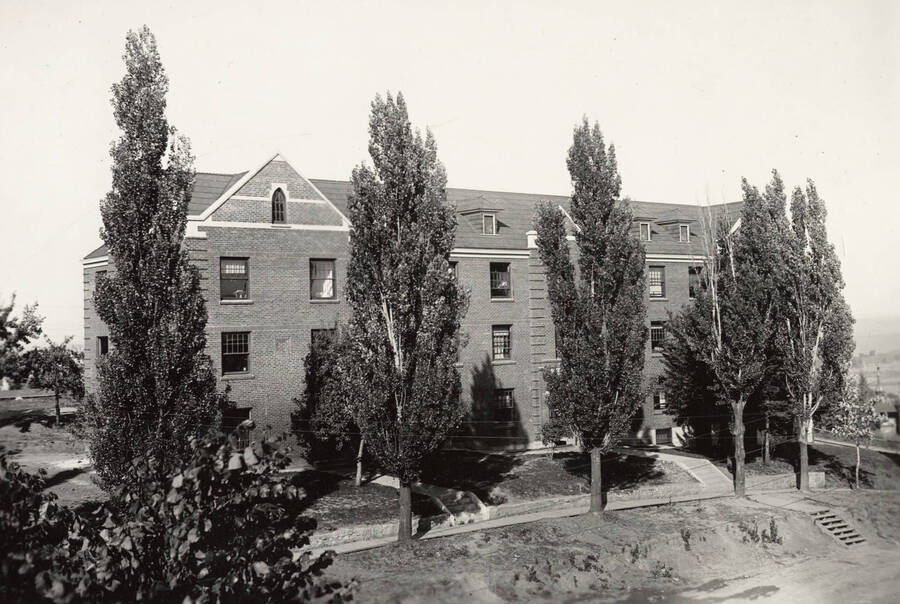 1942 photograph of Lindley Hall. View of landscaping. [PG1_62-06]