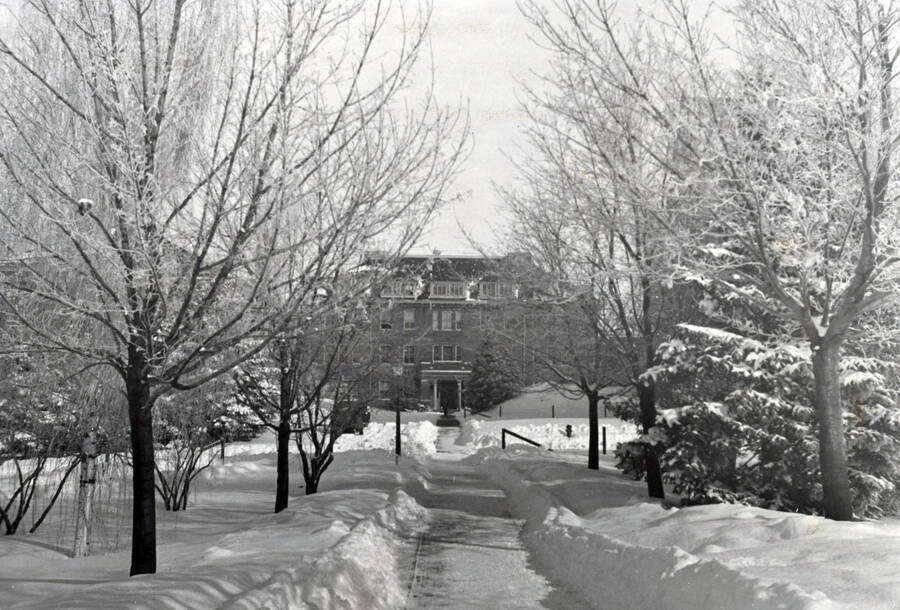 1940 photograph of Morrill Hall. View from Administration lawn in winter. [PG1_66-20]