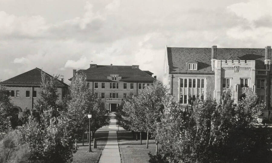 1920 photograph of Morrill Hall. View from Administration lawn, Science Hall on the right and Geology on left. [PG1_66-08]