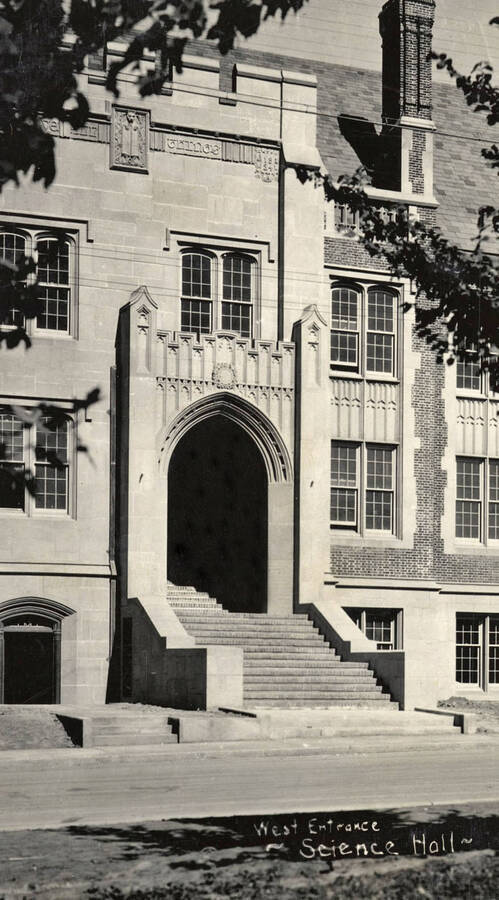 1924 photograph of Science Hall Renamed Life Sciences Building in 1964. View of the west entrance. [PG1_067-18]
