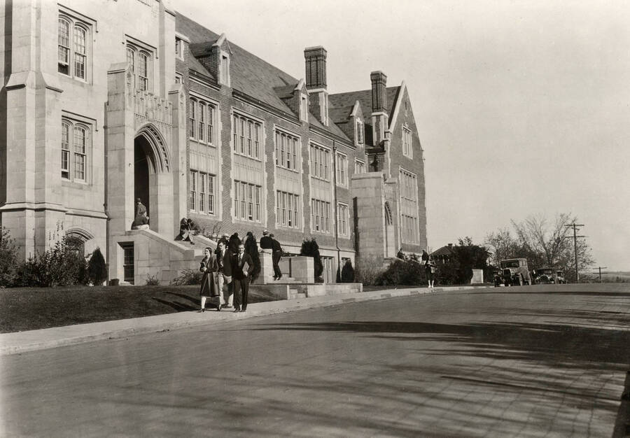 1930 photograph of Science Hall Renamed Life Sciences Building in 1964. View of students walking to class. [PG1_067-26]