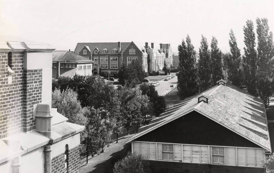 1937 photograph of Science Hall Renamed Life Sciences Building in 1964. View of Lewis Court (SW corner of Line and University). [PG1_067-48]