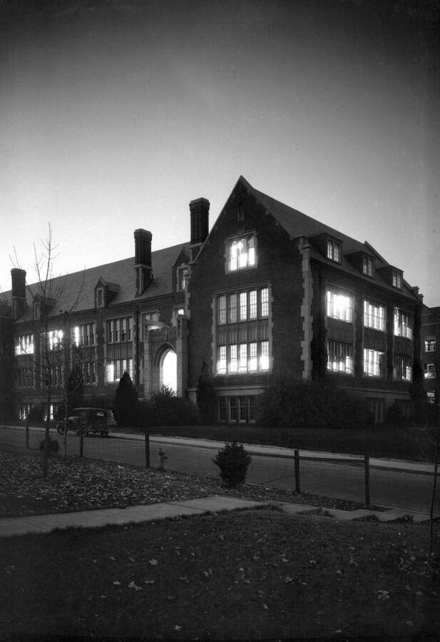 1950 photograph of Science Hall Renamed Life Sciences Building in 1964. View at night. [PG1_067-64]