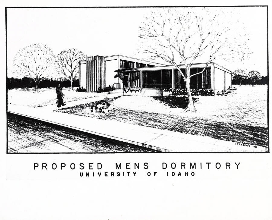 1958 photograph of Campus Club. Architect's drawing. [PG1_073-03]