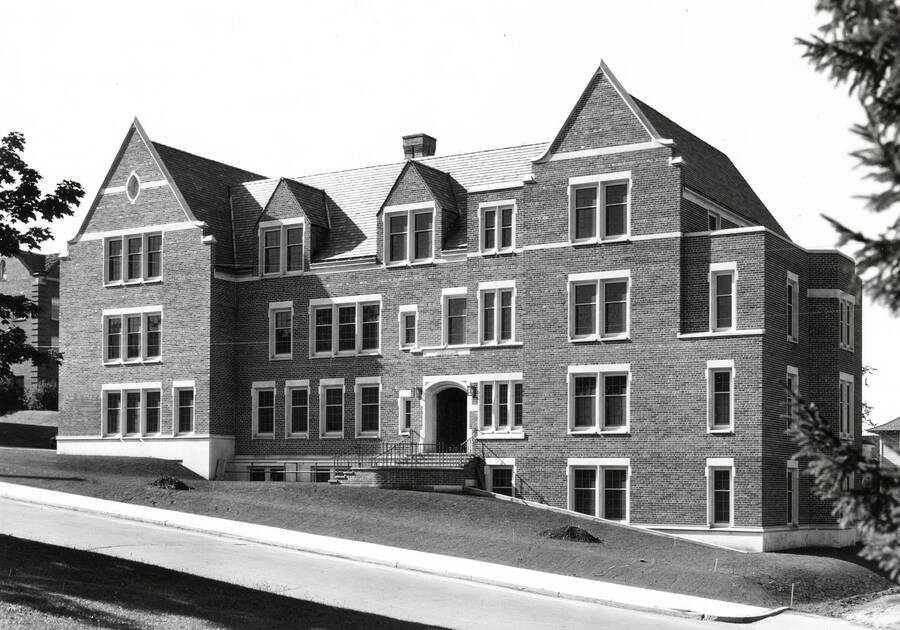 1937 photograph of Infirmary. View of the front entrance. [PG1_074-04]